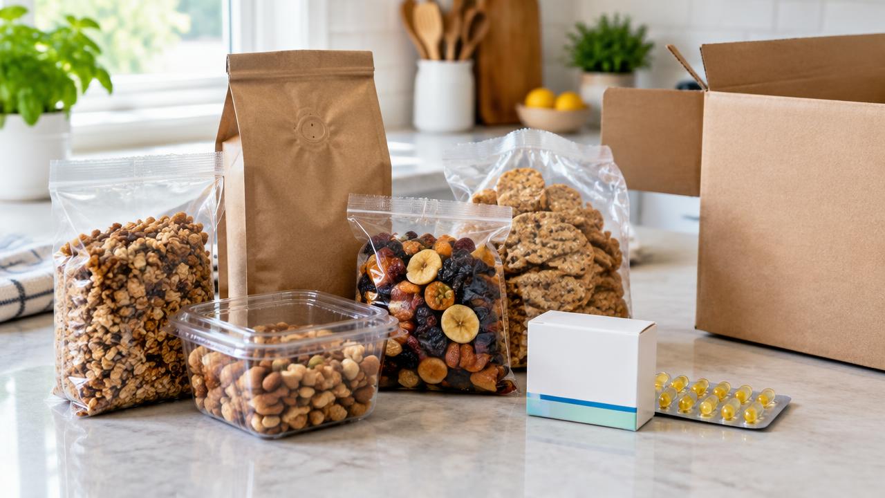 Alimentos envasados y cajas de medicamentos con sus etiquetas visibles