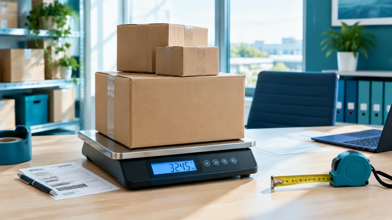 Cajas de cartón sobre una báscula digital junto a una cinta métrica y una etiqueta de envío