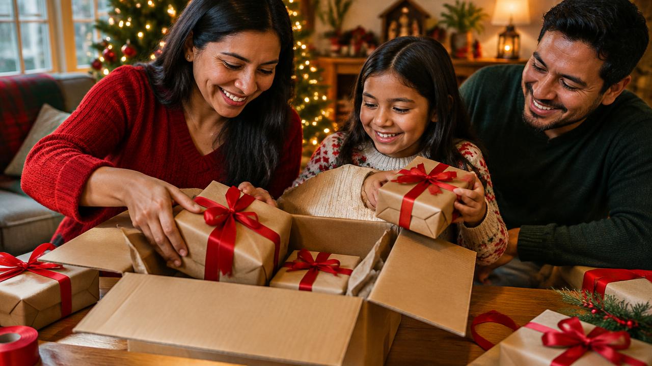Familia preparando regalos envueltos en papel kraft con lazos rojos dentro de una caja de envío