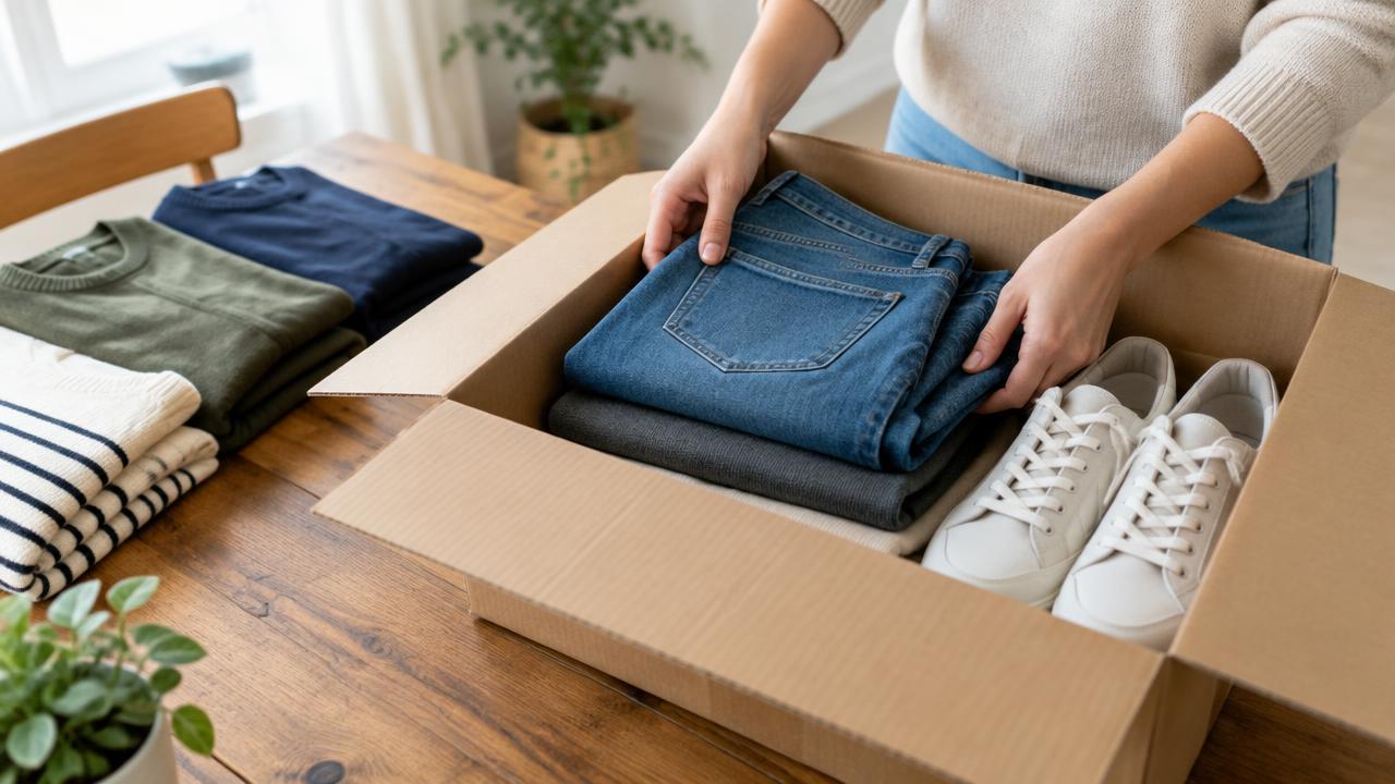 Ropa y zapatos organizados para preparar un envío a Colombia